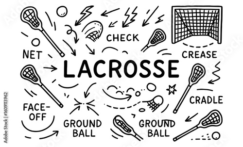 Dynamic lacrosse elements with sticks and net in doodle style