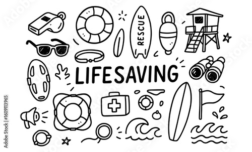 Lifesaving doodle icons: whistle, life ring, lifeguard stand, surfboard, first aid kit