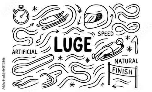 Luge sport concept with doodle elements and equipment illustrations