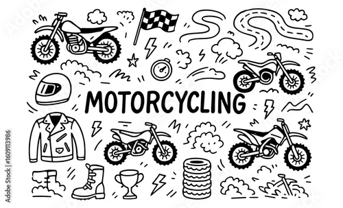 Doodle motocross collection: motorbikes, gear, and racing elements