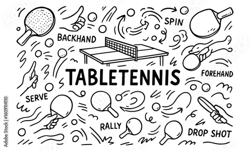 Dynamic doodle art of table tennis elements and actions