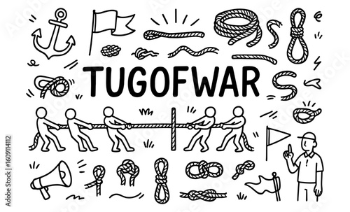 Tug of war doodle art with ropes and nautical elements