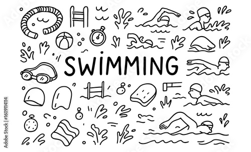 Hand-drawn doodle symbols of swimming activities and equipment
