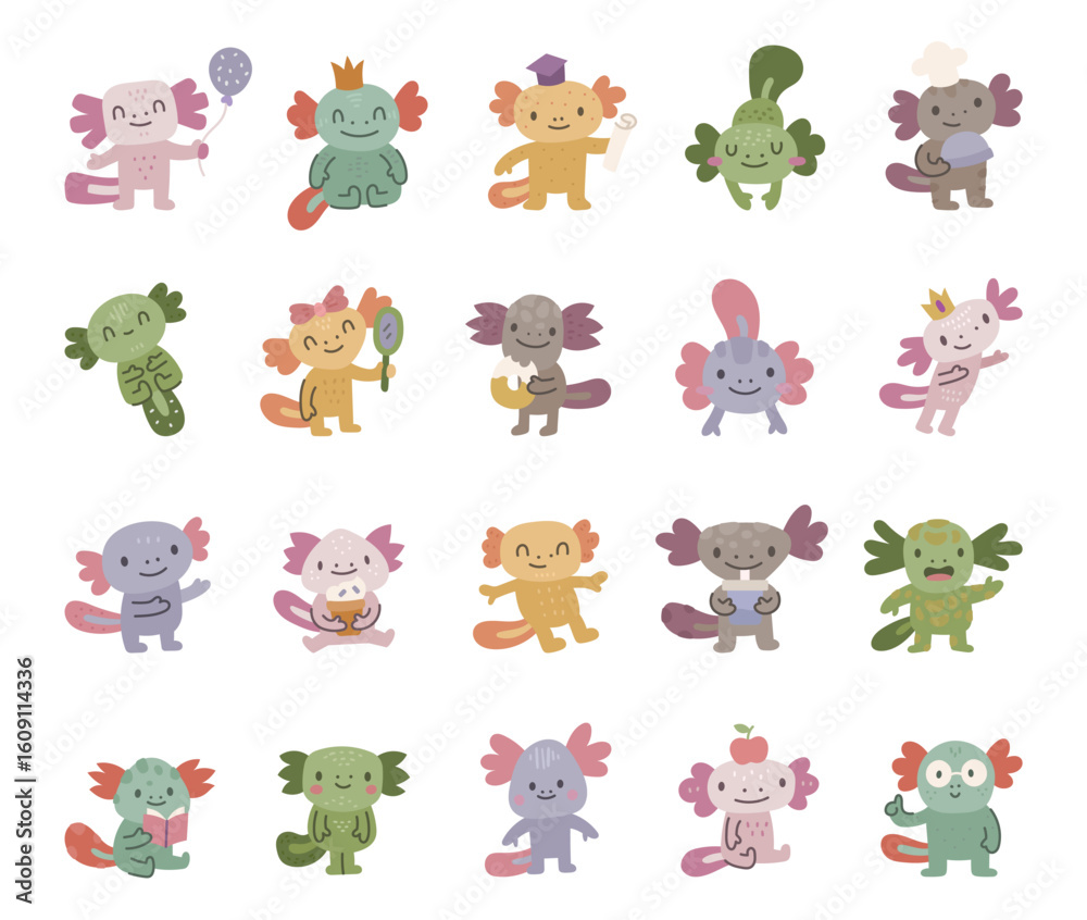 Obraz premium Axolotl character set in scandinavian style featuring adorable animals with graduation cap, glasses, balloon, book, food, drink, and charming poses for your creative designs projects