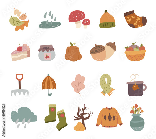 Autumn seasonal set in scandinavian style nature inspired featuring foliage, food, clothing, tools, weather symbols, plants for your illustration and creative designs projects