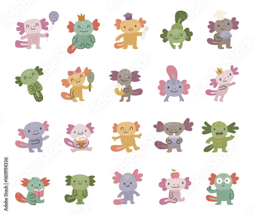 Axolotl character set in scandinavian style featuring adorable animals with graduation cap, glasses, balloon, book, food, drink, and charming poses for your creative designs projects