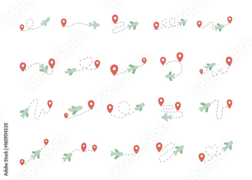 Airplane route direction set in scandinavian style with travel paths, dotted flight lines, location pins and aviation symbols for map navigation illustration and creative designs projects