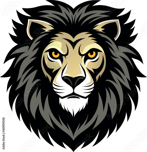 Front facing lion head in black vector style, symmetrical mane and intense eyes.