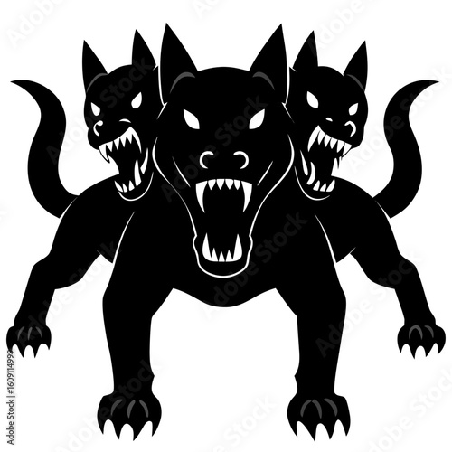 Symmetrical vector emblem of the fierce, three-headed hellhound Cerberus.