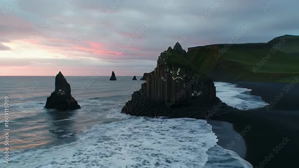 Aerial View Reynisfjara Black Sand Beach Basalt Columns Formations Iceland Ocean Waves Under Colorful Sunset Sky