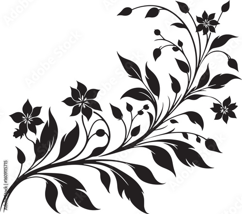 A seamless black and white floral pattern with intricate flower, leaf, and swirl elements for elegant vector art, perfect for wallpaper or tattoo designs
