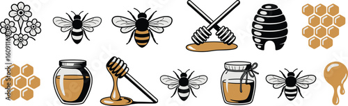 Bee and honey elements illustration bundle with bees, honey jars, comb, hive, dippers, and flowers, cartoon sketch set for nature and organic themes