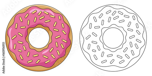 Donut Duo: A colorful illustration of a donut with pink icing and sprinkles alongside a black and white outline version.