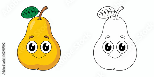 Smiling Pear: A charming illustration of a joyful pear, complete with a cute smile and cheerful eyes, showcasing both a colored and a line art version. 