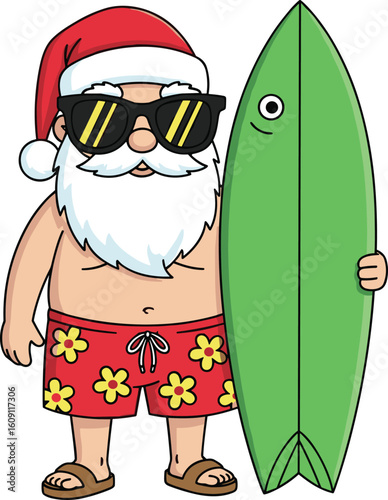 Summer Santa Claus illustration with surfboard, red floral swim trunks, sunglasses, and sandals—beach-themed holiday vector for tropical Christmas and playful seasonal designs
