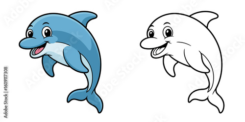 Cheerful Dolphin Illustration: A delightful depiction of a vibrant cartoon dolphin, with both a color rendering and a charming line drawing.
