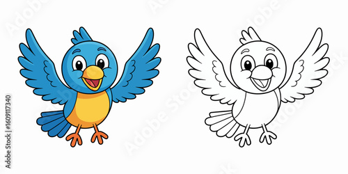 Cheerful Bird in Flight: A vibrant cartoon depiction of a joyful bird, rendered in both color and outline, spreads its wings and smiles with unbridled enthusiasm.