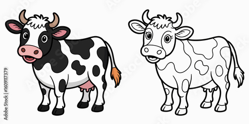Cheerful Cow Illustration: A delightful illustration of a contented cow with distinctive black and white patches, exuding a sense of farm life and rural charm.