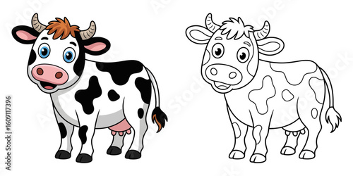 Delightful Dairy Duo: A charming cartoon illustration showcasing a dairy cow, with both a colorful and a line-art version for creative use.