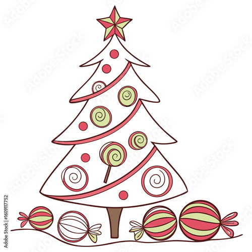 Playful candy swirl lollipop Christmas tree with giant sweet treats, a fun sugary delight.