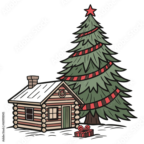 Rustic cozy log cabin Christmas tree with plaid flannels, ideal for a warm country holiday.