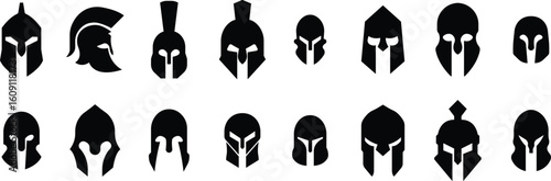 Spartan helmet icons set in flat vector styles. Ancient warrior symbol collection, Greek gladiator headgear group, historical battle armor, medieval knight, and mythology emblem