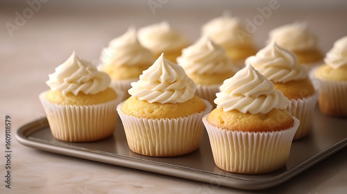 Batch of freshly baked vanilla cupcakes in white paper liners set in a vintage baking tray against a soft cream beige background