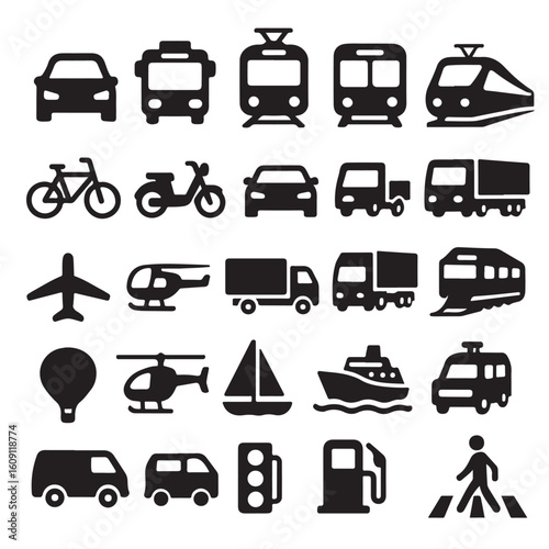 Collection of various transportation and vehicle icons in a grid layout