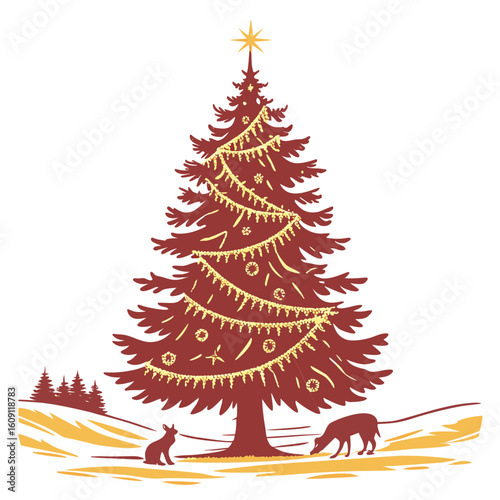 Warm firelight Christmas tree with glowing orange and gold accents, creating a cozy atmosphere.