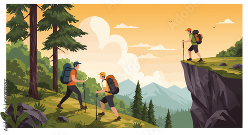 Mountain forest hiking adventure with backpackers