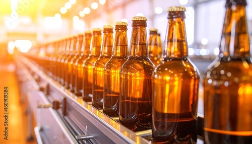 Amber beer bottles on a factory conveyor belt.  Sunlight highlights the production line