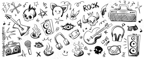 Crayon drawn punk and rock doodle set. Colorful graffiti vector elements like skulls, guitars, flames, headphones, hearts, crowns, music notes, stars. Hand drawn marker sketch for sticker or collage.