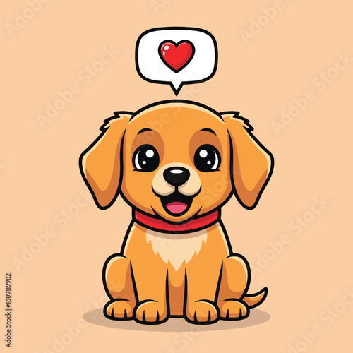 A cute cartoon puppy sitting happily with a red heart in a speech bubble above its head.