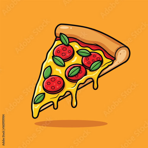 A cartoon illustration of a delicious pizza slice with melted cheese, pepperoni, and basil leaves on an orange background.