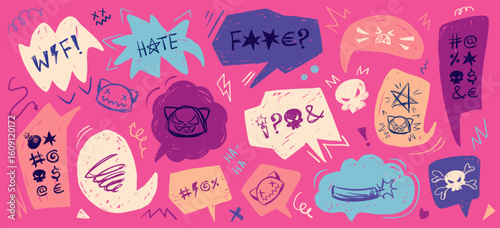 Crayon doodle speech bubbles with colorful chalk lines and abstract swear words. Angry expressions, rude symbols, curse shapes. Vector hand drawn conversation frames with bad, negative emotion