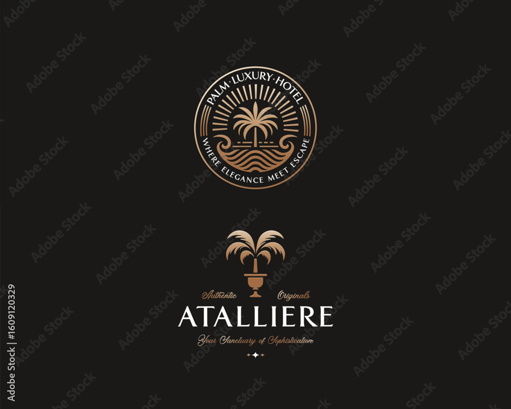 Fototapeta premium Luxury elegant palm resort hotel logo template for property architecture