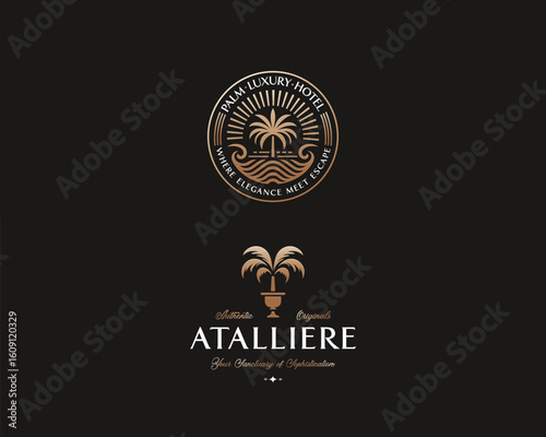 Luxury elegant palm resort hotel logo template for property architecture