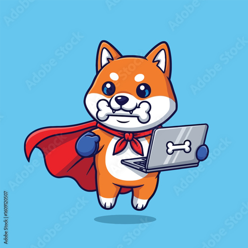 Cartoon Shiba Inu superhero with red cape holding a laptop with a bone image and a bone in its mouth.