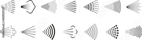 Spray icons set in line vector style. Water, perfume, and gas sprayer group, deodorant and aerosol bottle collection, mist stream nozzle, dispenser outline symbols, hygiene and cleaning tools