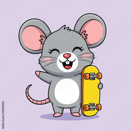 Cheerful cartoon mouse holding a yellow skateboard, smiling and waving happily.