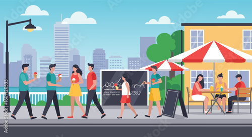 Urban street scene people outdoor cafe