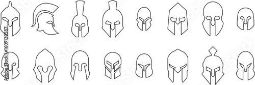 Spartan helmet icons set in line vector styles. Ancient warrior symbol collection, Greek gladiator headgear group, historical battle armor, medieval knight, and mythology emblem