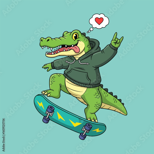 A cool cartoon alligator wearing a hoodie, joyfully skateboarding and making a rock-on hand gesture with a heart in a thought bubble.