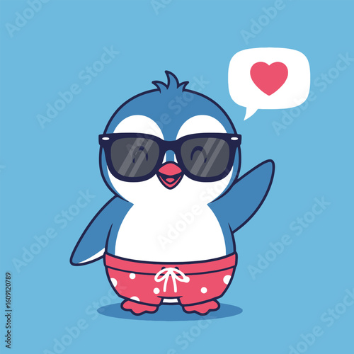 Adorable cartoon penguin wearing sunglasses and red swim shorts, waving with a heart.