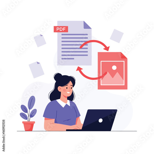 A woman uses a laptop to convert a PDF document into an image file, illustrating digital file transformation and data management.
