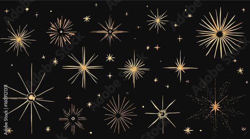 Elegant gold starbursts and stars scattered on a black background design