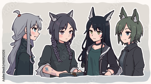 Four anime style girls with cat ears stand side by side in a group portrait