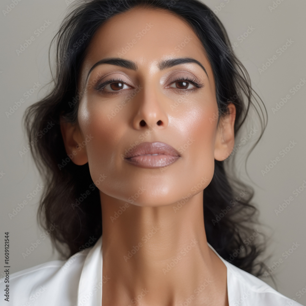 indian model woman face close up on grey background indian model woman face close up on grey background