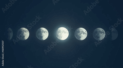 Moon phases sequence in dark sky showing lunar cycle from new to full moon