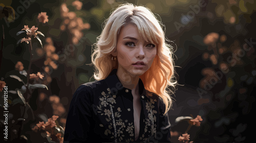 Portrait of a young woman with blonde hair in a garden setting at sunset